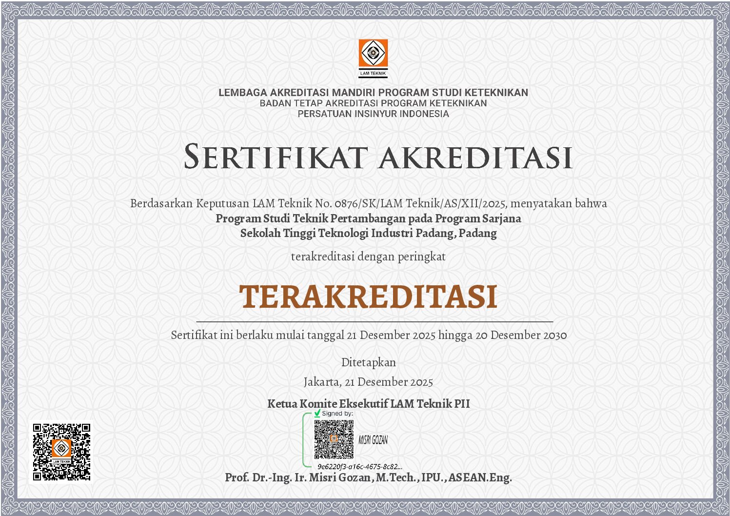 Sertifikat Akreditasi Teknik Pertambangan